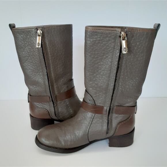 Tory Burch Leona Riding Boots Gray Pebble Leather Mid Calf Womens 5.5 Authentic - Picture 16 of 16